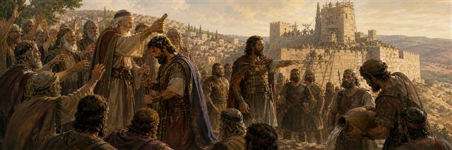 Israel’s elders anointing David as mighty warriors prepare to secure Jerusalem